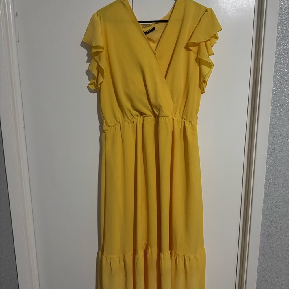 Yellow Flutter Sleeve V-Neck Midi Dress for Wedding Guest